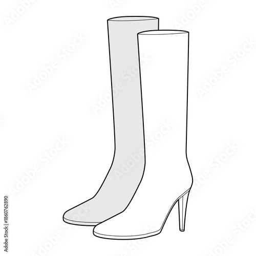 Classic stiletto knee-high shoes women sketch pair. Smooth shaft with refined heel for winter collection, fashion. Technical fashion illustration CAD mockup vector men unisex isolated elegant style