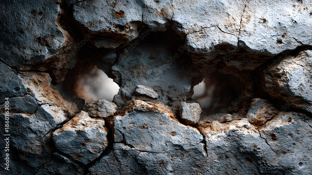 Fototapeta premium A wall with a lot of cracks and holes