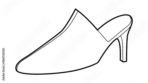 Mule shoe women single sketch. Open back mid heel shoe for city walk, creative office, relaxed wardrobe. Technical fashion illustration, CAD mockup, clean vector men unisex isolated casual style.