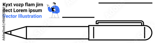 Education, business tools, presentations, writing instruments, professional training, creative design. Black ballpoint pen outline and a blue graphic of a person presenting. Education and business