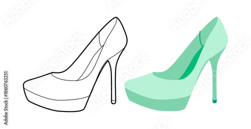 Platform stiletto pump women mint heel flat plus line set. High sole sexy dress footwear for party, concert, dance floor. Technical illustration, CAD mockup, mixed vector men unisex isolated 