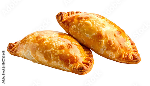 Two golden, flaky, savory pastries, slightly overlapping, isolated on black background