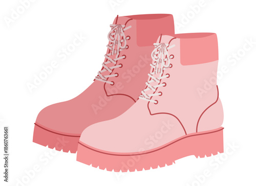 Pink chunky lace ankle boot women flat pair. Padded collar with lug tread for reception, gala, sophisticated evening, Technical fashion illustration CAD mockup refined vector men unisex isolated style