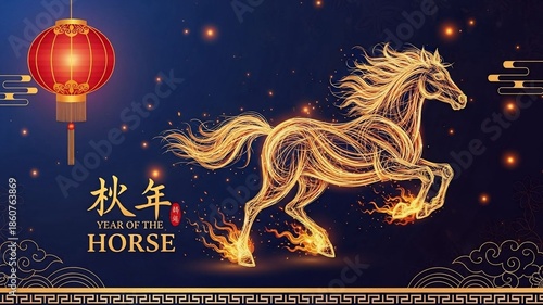 chinese new year 2026 fire horse illustration with fiery golden horse, night sky, lanterns and clouds
