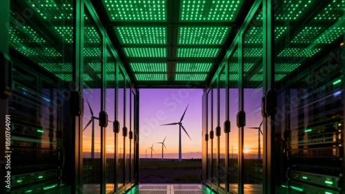 Server room with wind turbines outside