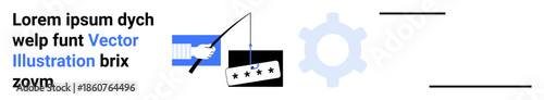 Cybersecurity, online protection, phishing scams, identity verification, data security, secure systems. A fishing rod holding login credentials with a gear icon. Cybersecurity and online protection