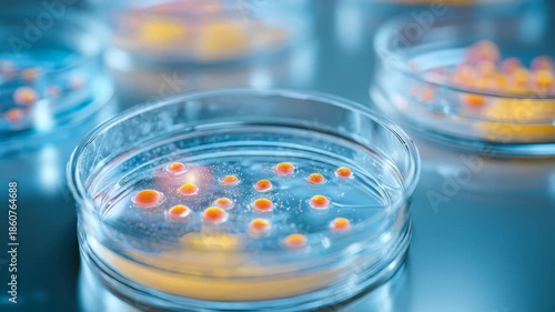 Petri dishes with bacterial colonies growing on nutrient agar are displayed in a laboratory setting. The image highlights scientific research and microbiology experimentation