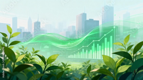 Green plants and city skyline with data waves