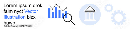 Financial data, analysis tools, banking, operational processes, research, economic growth. A bar chart with a magnifying glass, bank icon and gear symbols. Financial data and analysis tools concept