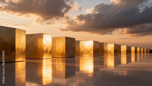 Golden Cubes in Row at Sunset
