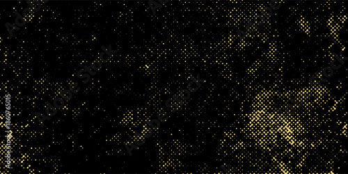Vector halftone gold dots gradient diagonal tilt on black.