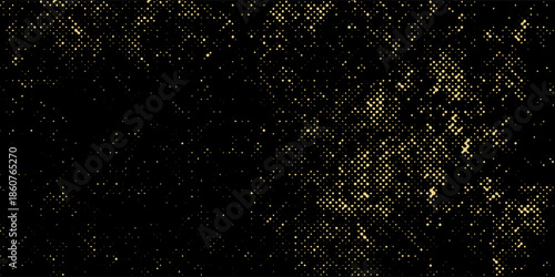 Vector halftone gold dots gradient diagonal tilt on black.