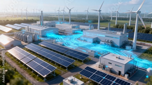 Renewable energy facility with solar panels and wind turbines