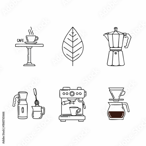 Coffee Brewing Methods and Equipment Line Art Illustrations.