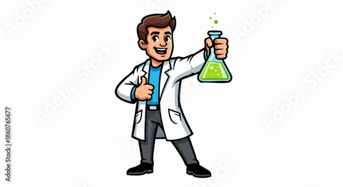 Smiling scientist holding a flask with green liquid and giving a thumbs up.