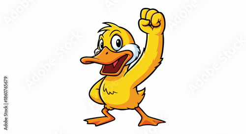 Happy cartoon duck raising its fist in victory.