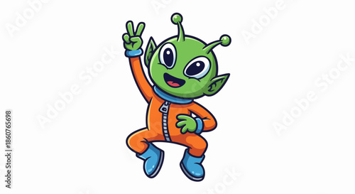 Cute green alien cartoon character in an orange spacesuit.