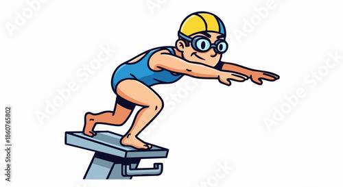 Cartoon Swimmer Ready to Dive from Starting Block.