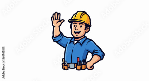 Friendly Construction Worker Cartoon Character Waving Hello with Tools.