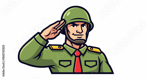 Cartoon Soldier Saluting with Green Uniform and Helmet Illustration.
