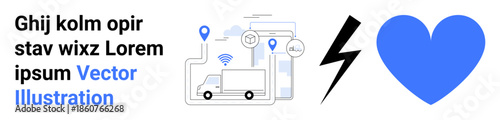 Logistics, smart delivery, connectivity, location tracking, technology integration, transportation. Illustration of a truck, map pins heart and lightning. Logistics and smart delivery concepts