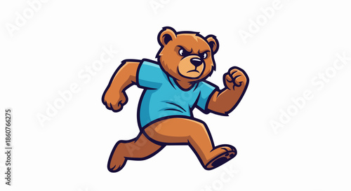 Determined cartoon bear mascot running in a blue t shirt.