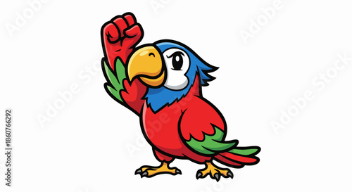 Vibrant Cartoon Parrot Character with Raised Fist Gesture Showing Strength.