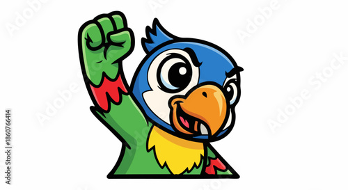 Triumphant Cartoon Parrot Mascot with Raised Fist.