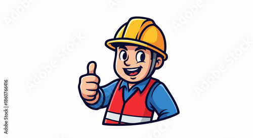 Happy construction worker giving thumbs up wearing safety helmet and vest.