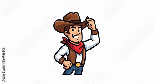 Cartoon Cowboy Tipping Hat with Red Bandana and Brown Vest.