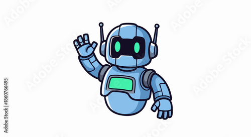 Cute Blue Robot Waving Hello with Green Eyes and Screen.