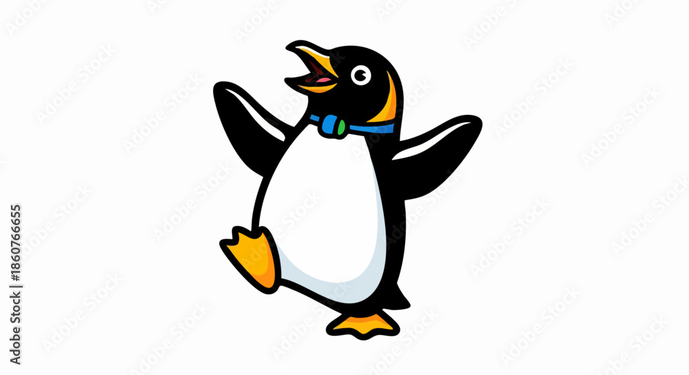 Fototapeta premium Cartoon Penguin with Blue Bowtie and Open Beak Illustration.