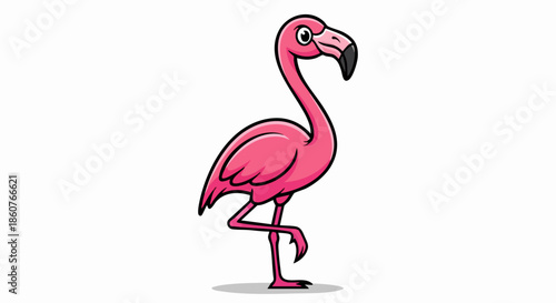 Cartoon Flamingo Standing on One Leg with Pink Feathers.