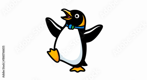 Cartoon Penguin with Blue Bowtie and Open Beak Illustration.