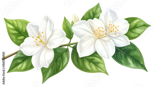 Artistic rendering of white flowers with yellow stamens, green leaves, and brown stem on black