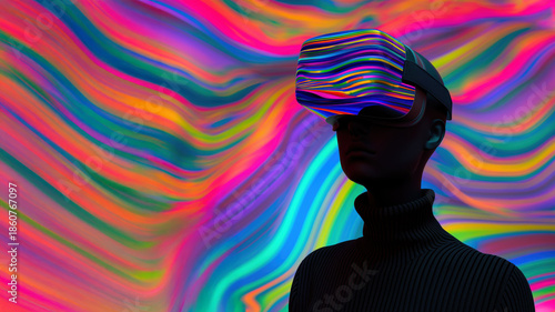 Silhouette wearing VR headset with rainbow swirl. Virtual reality concept.