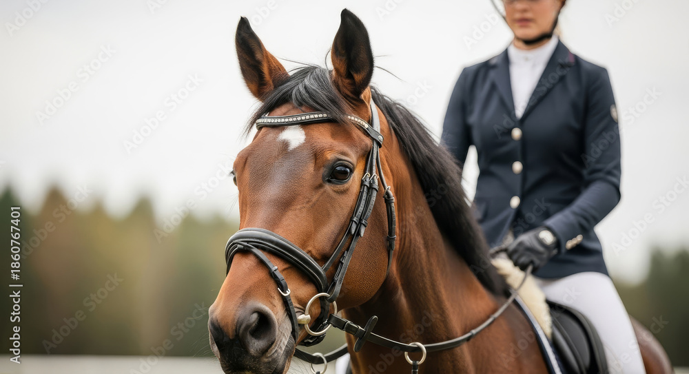 Obraz premium Brown horse head portrait with equestrian rider in uniform blurred in background.