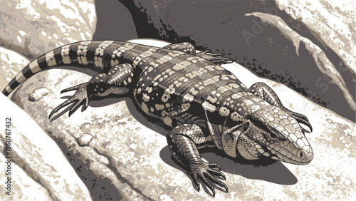 Color multilayered vector illustration of an Argentine tegu lizard on a rocky surface. Design for educational wildlife posters or exotic pet care branding. Transparent background EPS version.