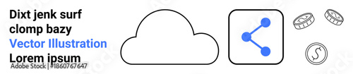 Cloud computing, digital transactions, file sharing, online storage, cryptocurrency, global connectivity. Minimalist cloud icon with sharing symbol and coins. Cloud computing and digital transactions
