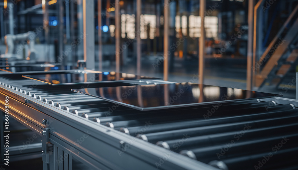 Obraz premium Glossy black solar panel on a conveyor belt in a factory