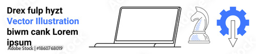 Technology, business strategy, innovation, software development, decision-making, and digital tools. Minimalist laptop illustration with a knight chess piece and gear icon. Technology and business