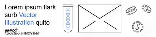 Biotechnology, financial technology, communication, mail services, genetic research, economic value. DNA test tube, envelope and coins . Biotechnology and financial technology symbols