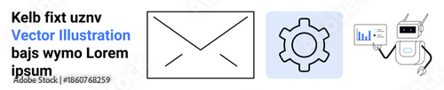 Envelope icon, gear symbol, and robot holding a data chart represent communication, automation, and technology concepts. Ideal for email campaigns, tech tools, AI systems, analytics service