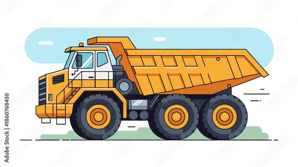 Naklejka premium Large yellow dump truck with six wheels on a grassy terrain viewed from the side