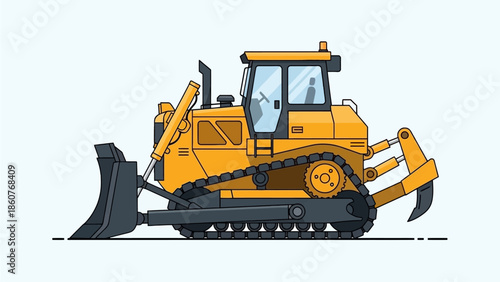 A yellow bulldozer is viewed from the side on a flat surface