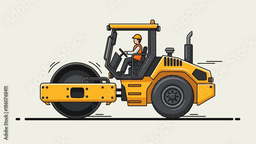 A worker operating a road roller on a construction site in an industrial environment from a side viewpoint