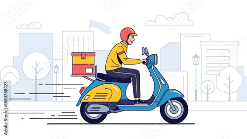 Delivery person riding a scooter with a package in the city