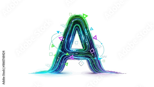 Digital illustration of a vibrant letter A surrounded by neon shapes and swirling patterns