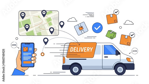 Delivery van driving on road with packages and map on mobile device in hand