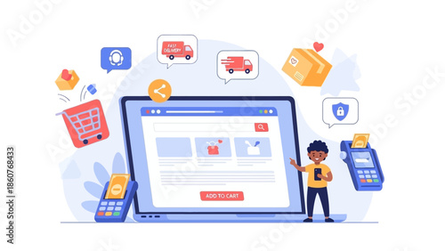 Person interacting with online shopping interface on large screen device surrounded by digital icons and symbols